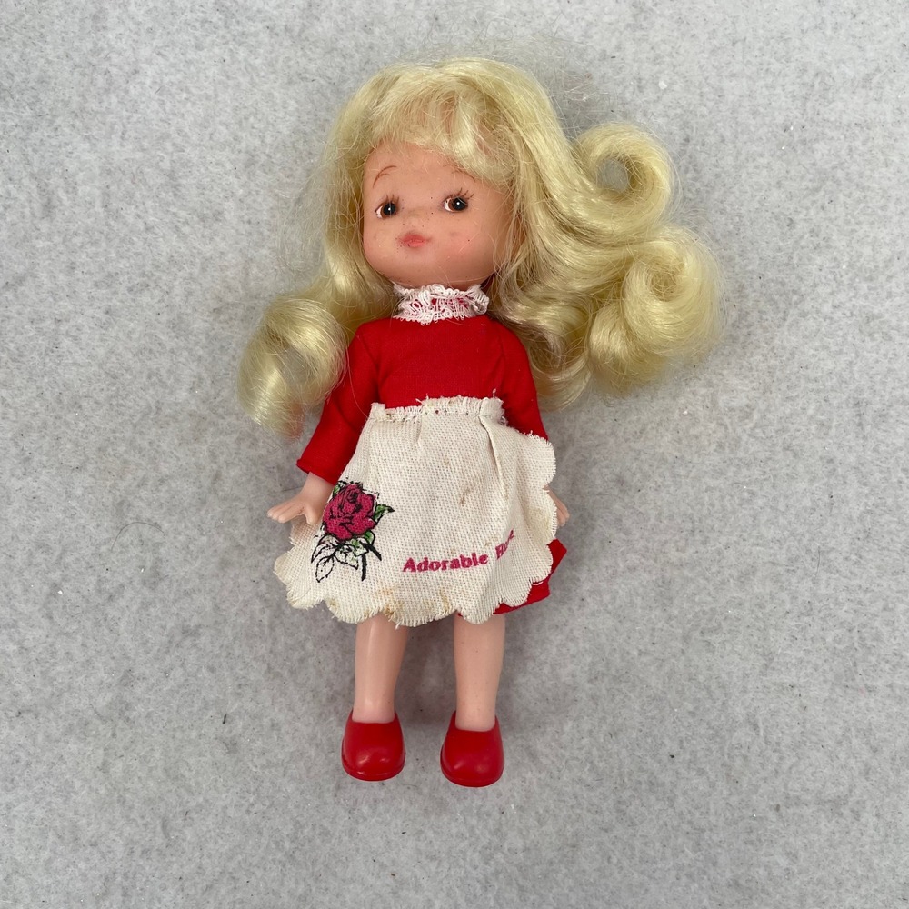 Vintage Miniature 5.5" Blonde Doll Red Dress Adorable Rose Apron Made in China